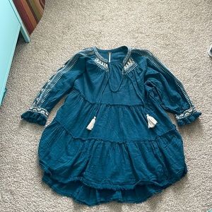 Free People Boho Blue Flowy Tunic Top With Tassels And Cream Stitching size S